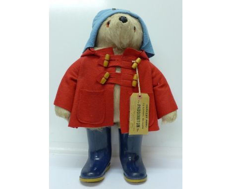 A Gabrielle Designs Paddington Bear figure, pale blue hat and dark blue Dunlop Wellington boots