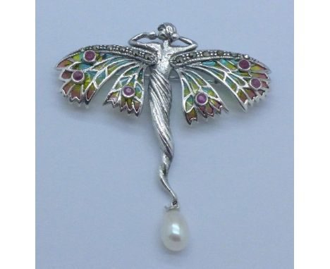A silver Art Nouveau style brooch with red stones, marcasites and pearl