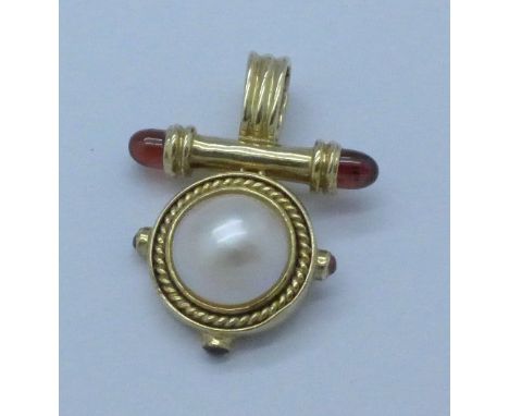 A 9ct gold, pearl and red stone pendant, 6.9g