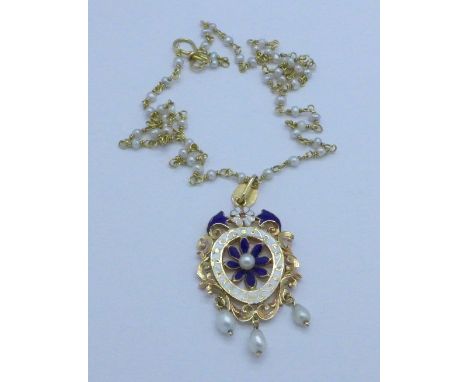 An 18ct gold, seed pearl and enamel pendent with chain, 12g