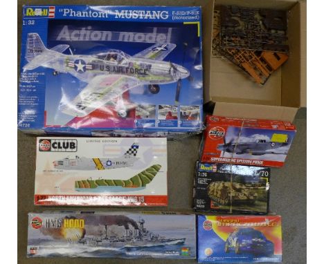 Seven plastic model kits including Airfix HMS Hood