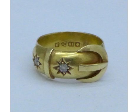 A Victorian 18ct gold and diamond buckle ring, Chester 1900, 4.3g, K