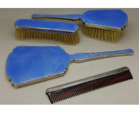 A silver and guilloche enamel brush and mirror set and a silver comb, by Henry Clifford Davis, brushes a/f