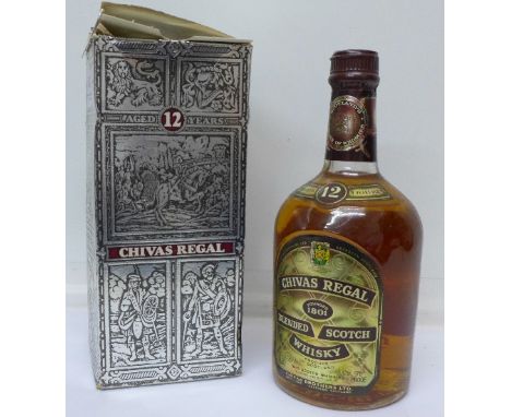 A bottle of Chivas Regal 12 Years Old blended Scotch Whisky, boxed