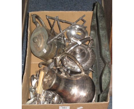 Box of assorted metalware to include: various silver plated cutlery; silver plated ladle; spirit kettle on stand etc.(B.P. 24