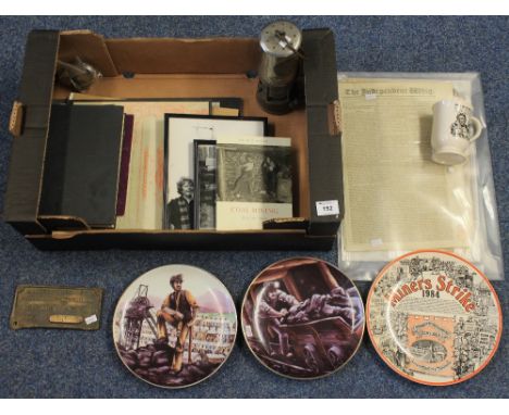 Box of assorted items relating to mining, coal fields etc., to include: David Fisher design collectors plate and commemorativ