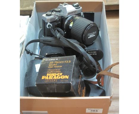 Box of assorted items to include: Ajax 10 x 50 binoculars; Olympus OM10 camera with lens; other camera accessories etc.(B.P. 