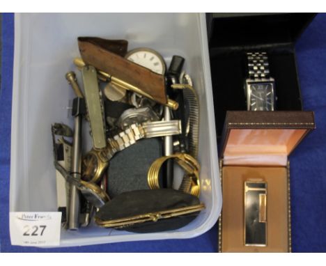 Box of assorted items to include: various gentlemen's wristwatches; pocket watch; lady's purse with fountain pen nibs; pocket