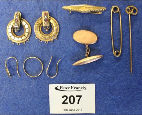 Collection of gold and yellow metal jewellery, including ruby and pearl earrings, hat pins, bar brooch etc.(B.P. 24% incl. VA