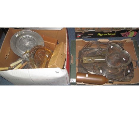 One box and one tray of assorted metalware to include: white metal Vesta case; brass miner's snuff box; large quantity of loo