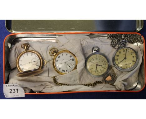 Tin containing assorted pocket watches to include: Elgin full Hunter pocket watch; Smith's pocket watch; Sport Chronograph Ar