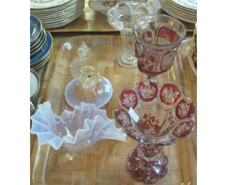 Tray of assorted glassware to include: Bohemian ruby flash cut vase and goblet; vaseline glass pedestal bonbon dish with styl