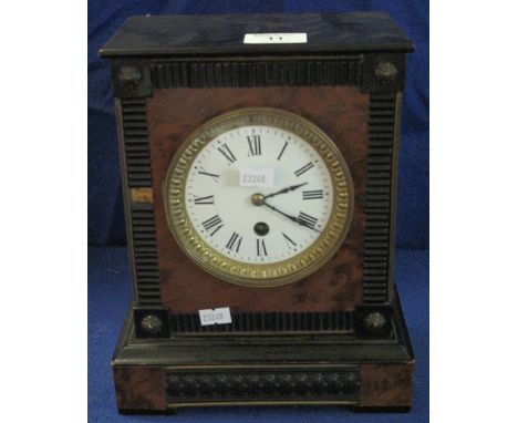 19th Century black ebonised and walnut mantel clock with white enamel face having Roman numerals and brass single train movem