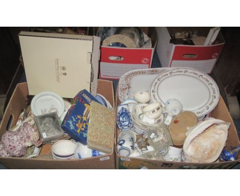 Two boxes of assorted china and other items to include: dresser jugs; blue and white plates and meat dishes, including Spode;