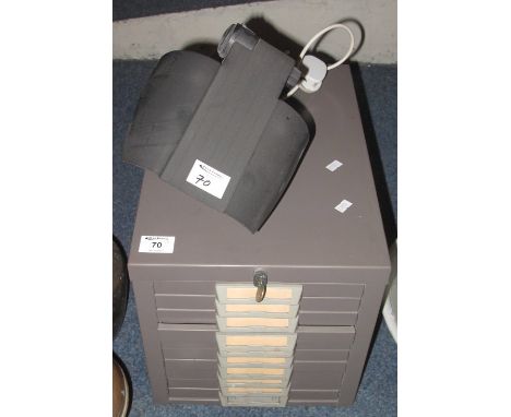 Small set of grey metal filing or collector's draws, together with an electric work lamp with table clamp. (2)(B.P. 24% incl.
