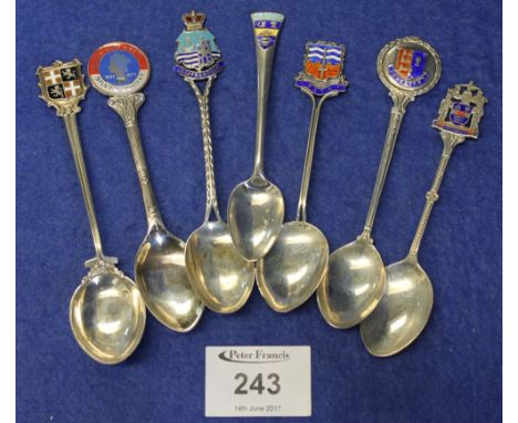 Bag of assorted silver and enamel collectors spoons from Scarborough, Western Supermare, Bath, also to include Commemorating 