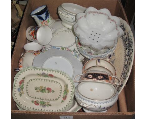 Box of assorted china to include: floral tureen; breakfast bowls; two handled soup bowls; large oval meat dish; Copeland Spod