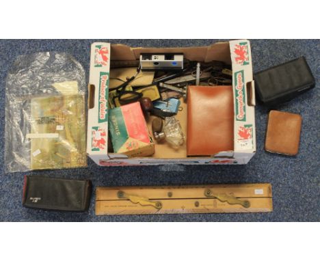 Box of assorted collectables to include: Aston and Mander two section rule; various scissors; pipes; razors; small painting o