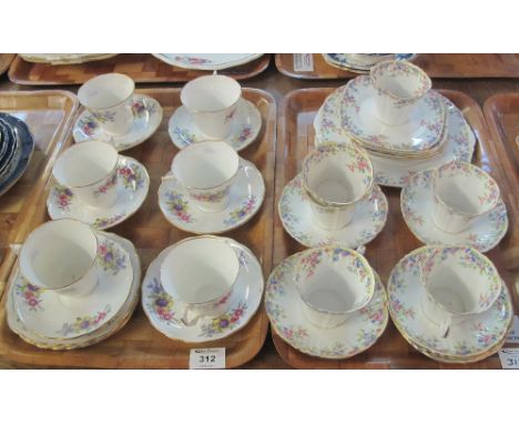 Tray of floral English bone china cups and saucers together with another tray of 'Clarence' floral china teaware items. (2)(B