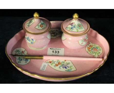 Spode Copeland china inkstand decorated with floral vignettes on a pink ground, having two inkwells and fountain pen, marked: