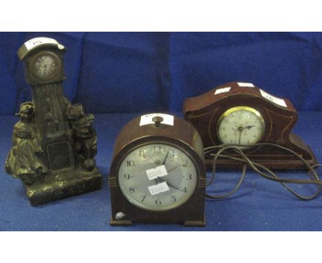 Three small mantel clocks to include inlaid Edwardian boudoir clock, Smith's Bakelite electric mantel clock and a bronzed com