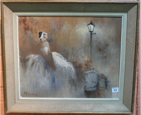 Heron, portrait of a ballerina under a street light, signed, oils on canvas.  Framed.(B.P. 24% incl. VAT)