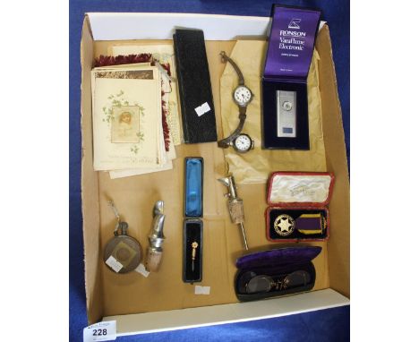 Box of assorted collectables to include: Ronsen lighter; wristwatches; Manchester Unity Oddfellows enamel jewel; spectacles; 