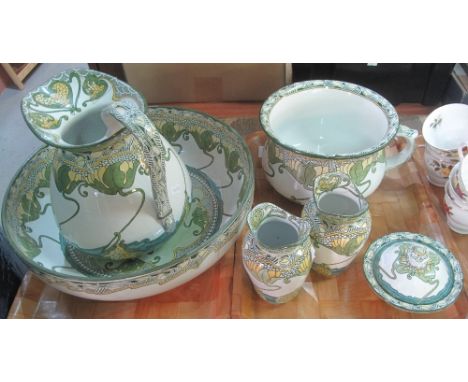 Doulton Burslem Kelmscot Art Nouveau design jug and basin set, together with other matching items including: toothbrush holde