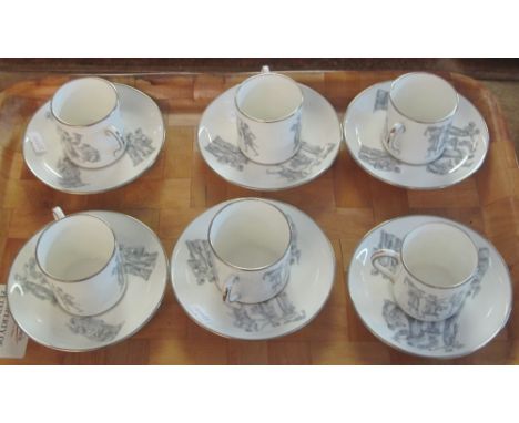 Set of six Hammersley and Co. bone china coffee cans and saucers on a white ground with Classical figure decoration, retailer