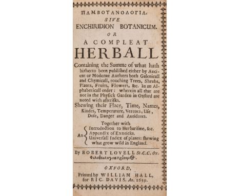 Botany.- Lovell (Robert) Pambotanolgia sive [Greek] Enchirdion Botanicum or, a Compleat Herball, occasional faint water-stain