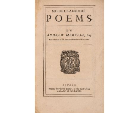 Marvell (Andrew) Miscellaneous Poems, first edition, edited by Mary Marvell, engraved portrait frontispiece, later 'fanfare' 