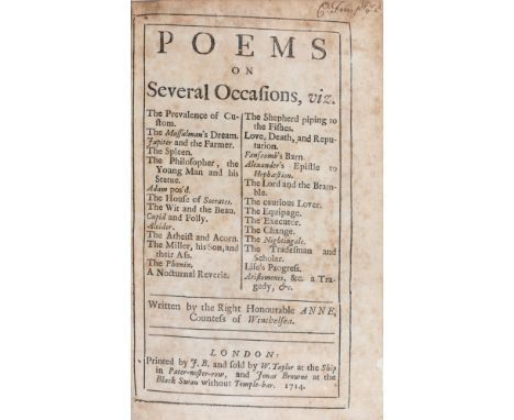 Finch (Anne, Countess of Winchelsea) Poems on Several Occasions, title browned with ink inscription to head, a good, clean co