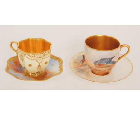 A matched Royal Worcester cabinet coffee cup and saucer decorated by Maybury, the saucer with a hand painted pheasant and the