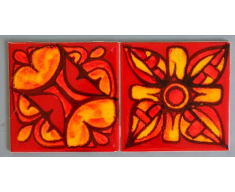 Carter & Co - Two 6in dust pressed tiles painted with designs in the Delphis style of Poole Pottery, one S/D 
