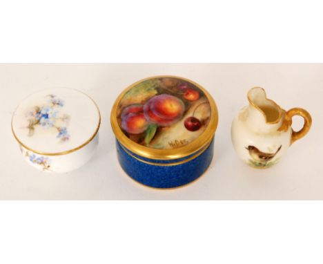 Three pieces of miniature Royal Worcester comprising a circular pill box and cover decorated to the lid with hand painted Fal