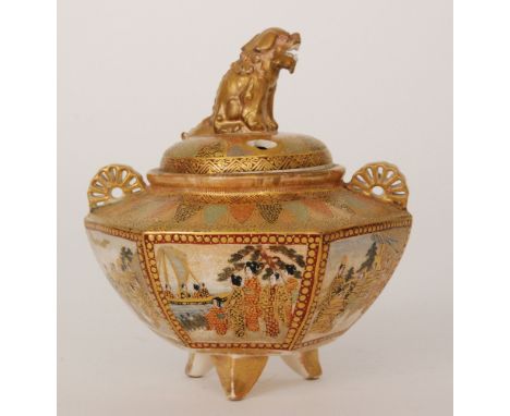 A late 19th Century Japanese Satsuma koro, the body raised to three splay feet and decorated to the faceted body with scenes 