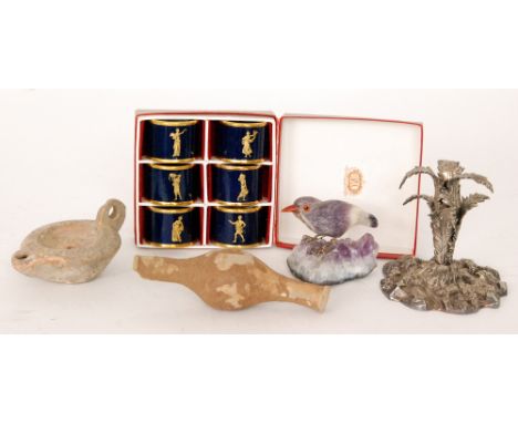 A Roman terracotta oil lamp, a similar vase, a natural amethyst bird ornament together with a plated epergne stand and a case
