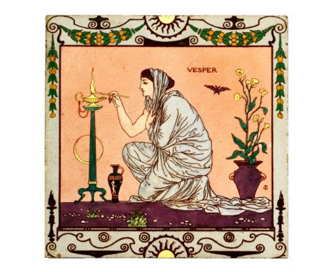 Walter Crane - Maw & Co. - An 8in dust pressed tile from the Times of the Day series entitled Vesper, depicting a kneeling la