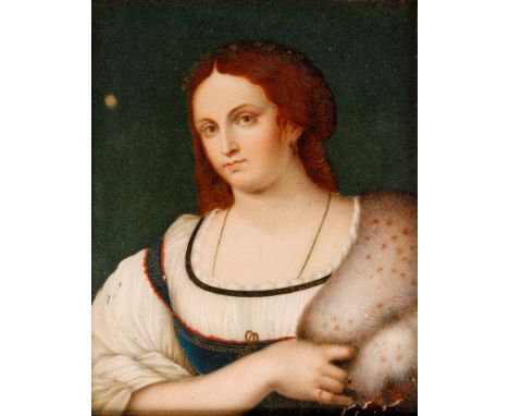AFTER TITIAN - Portrait of a lady, watercolour miniature, 19th century, framed, 13cm x 10cm and a silhouette depicting George