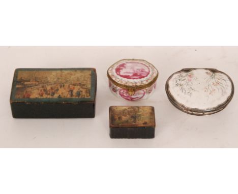 A Limoges porcelain box with hinged lid, hand painted in puce with landscape cartouche panels, width 6cm, together with an ea