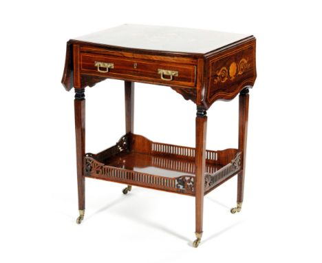 A late Victorian rosewood drop leaf occasional table, the inlaid top above a single frieze drawer and a galleried stretcher s