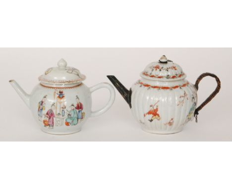 A Chinese Qing Dynasty 18th Century teapot of footed spherical form with loop handle and angular spout below a domed cover en