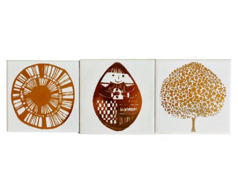 Ann Wynn Reeves and Kenneth Clark - Three 6in dust pressed tiles decorated in gold lustre comprising a circle motif, dated 19