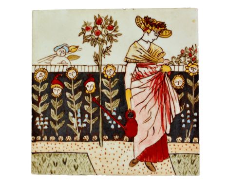 Walter Crane - A late 19th Century 6in dust pressed tile decorated with a hand painted scene of Mary Mary Quite Contrary, fro