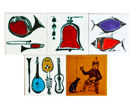 Ann Wynn Reeves and Kenneth Clark - Ten assorted 6in dust pressed tiles with decoration to include a three tile panel with a 
