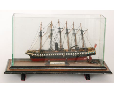 A 20th Century scratch built model of the SS Great Britain in glazed case on a wooden plinth, width 59cm S/D