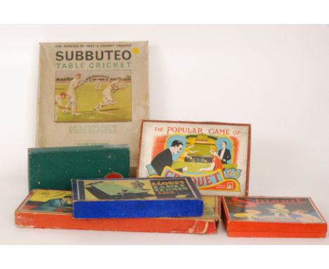 A 1920s Parlour game titled skee ball also table croquet, Spinnit, Jaques table tennis, bowls and Subbuteo table cricket, box