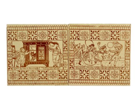 Walter Crane - Two late 19th Century 6in dust pressed tiles each decorated with nursery rhyme illustrations from The Baby's O