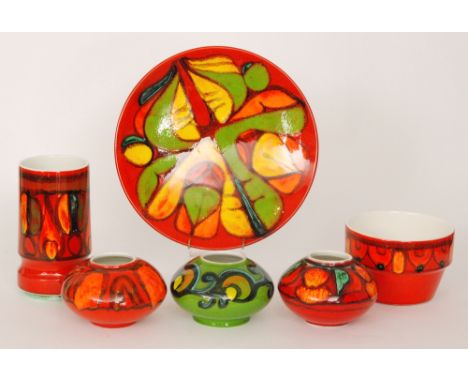 Six pieces of assorted Poole Pottery Delphis comprising a shape 84 vase, a shape 74 planter, three shape 32 vases and a shape