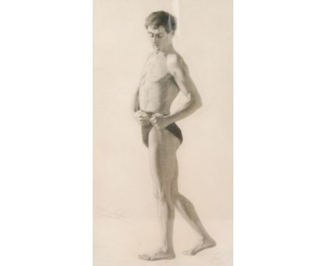 J. WOOLWARD (LATE 19TH CENTURY) - Study of a male life model, pencil drawing, signed and dated 1894, framed, 70cm x 37cm also